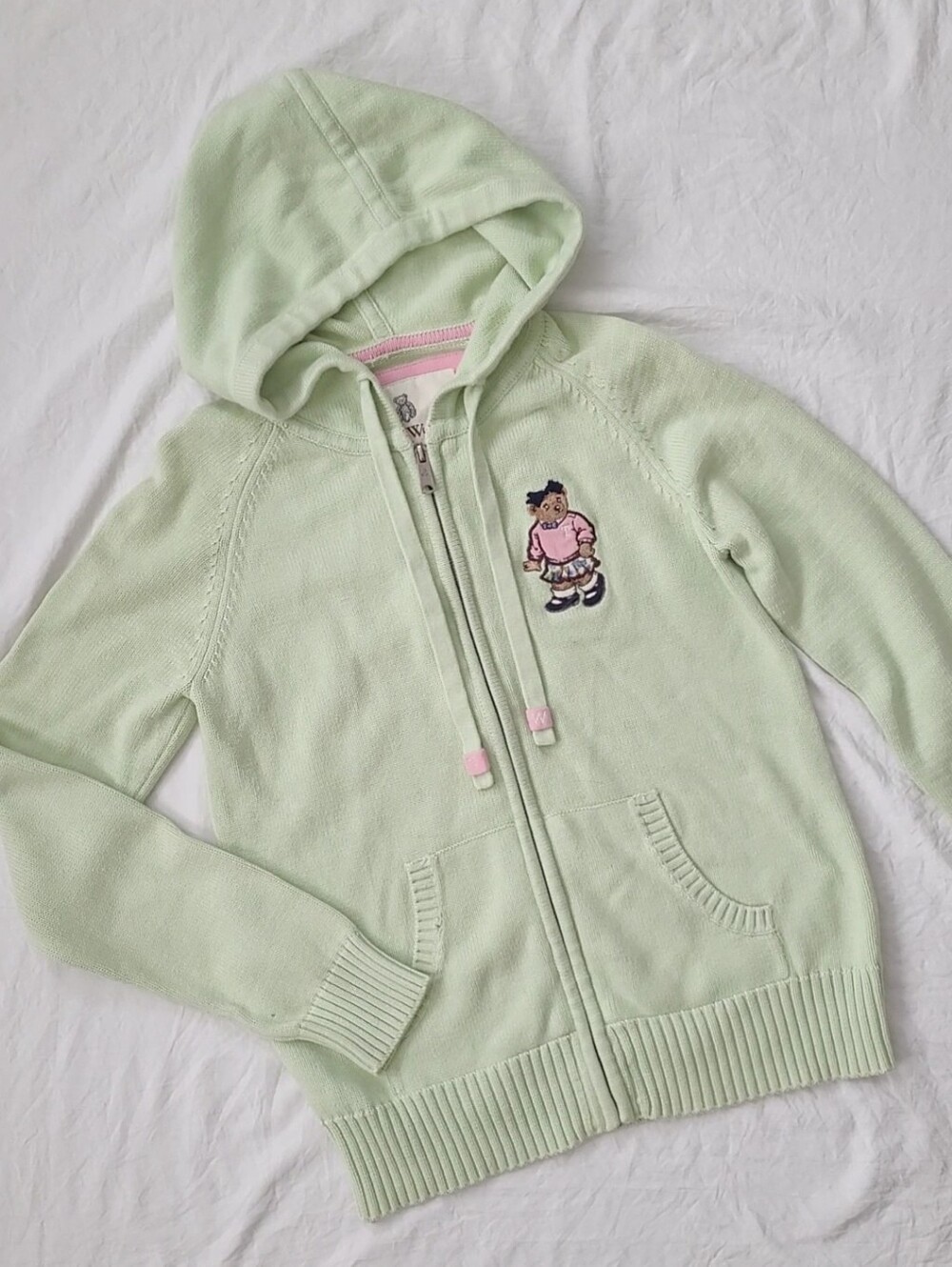 Teenie Weenie Light Green Hooded Zip Cardigan with Embroidered Character
